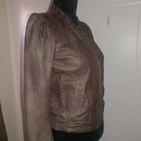 Hinge: Brown Genuine Leather Jacket With Knit Trim - Women's Size Small - Picture 3 of 15